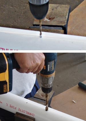 Drilling the holes in the PVC